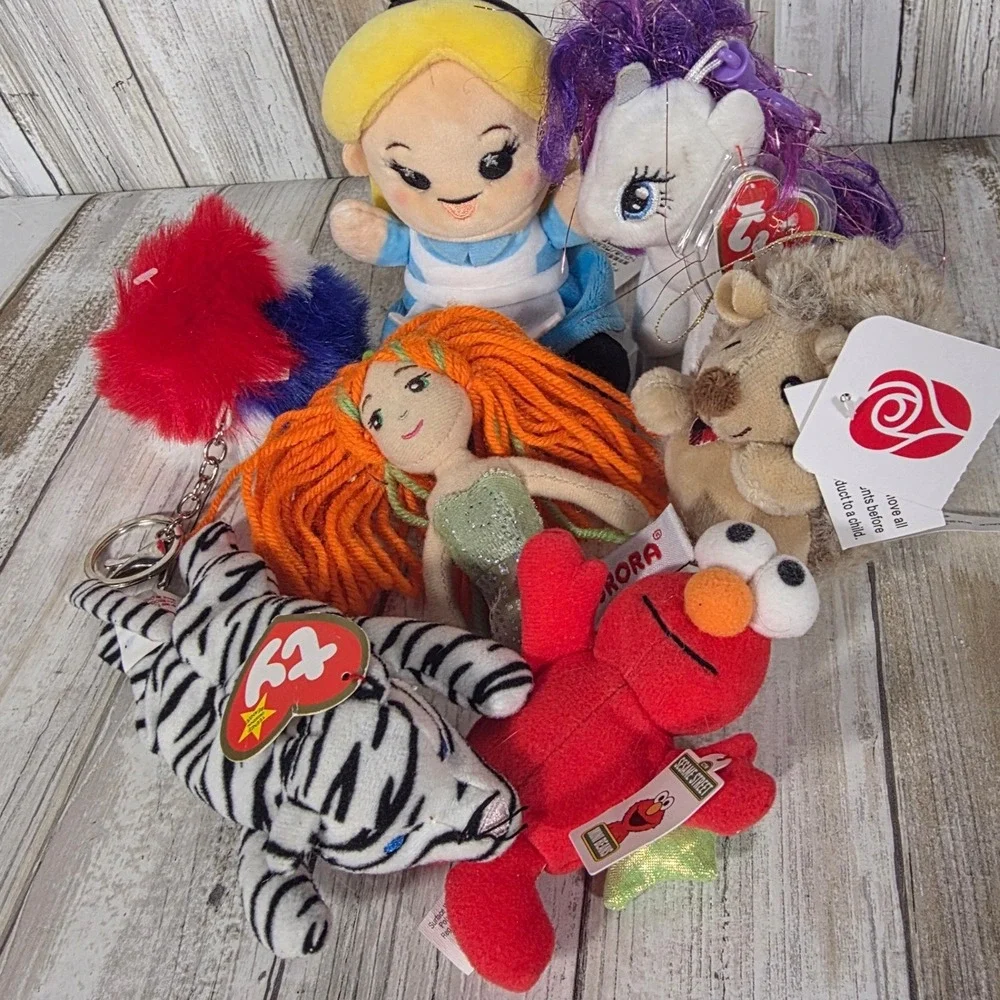 Mixed Plush Toy Lot Ty Beanie Babies Elmo Alice in Wonderland Mermaid 7pc Set
